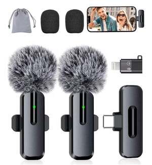 2-Pack Wireless Lavalier Mic with AI Noise Cancellation and Lightning/USB-C Adap